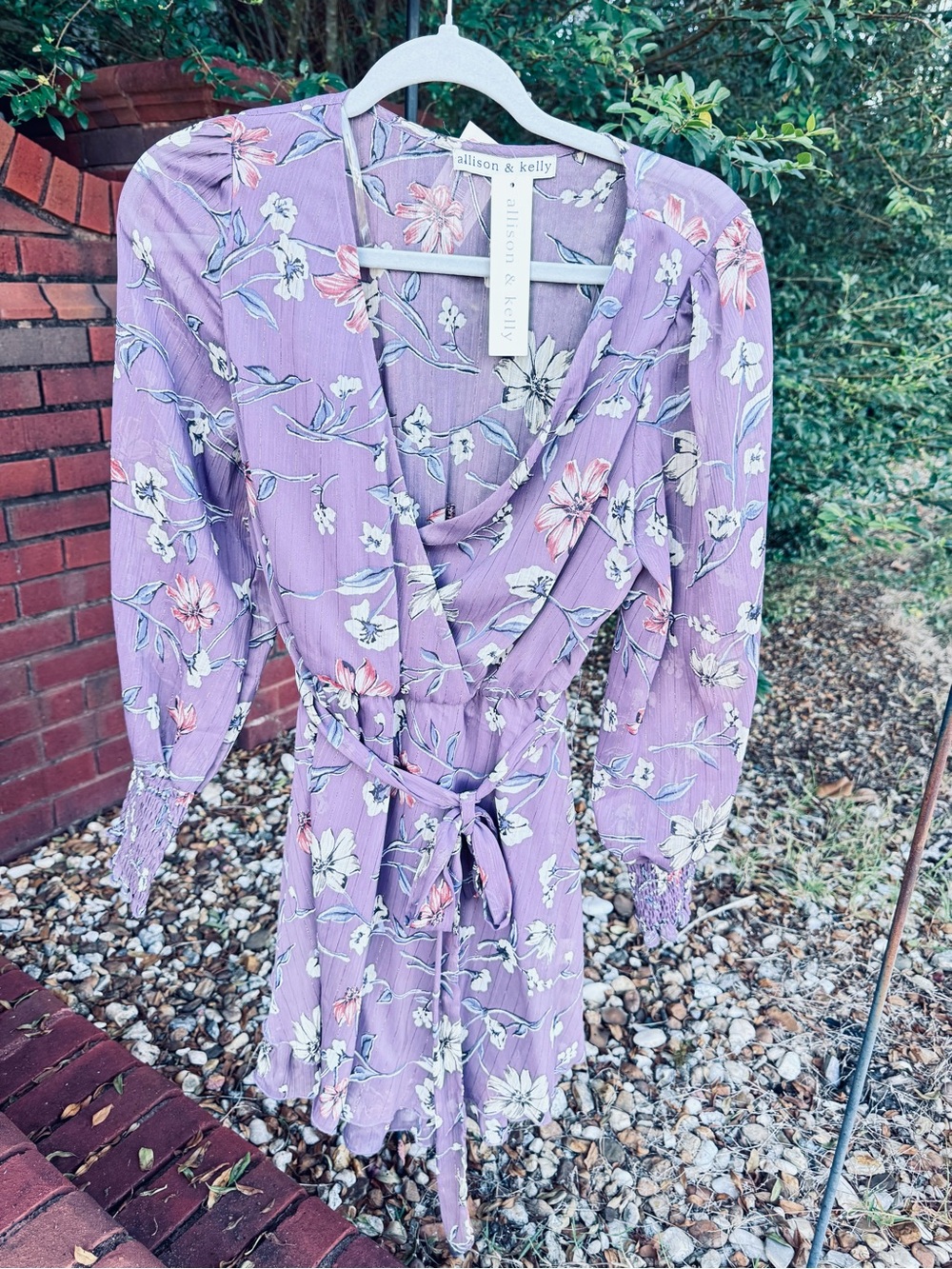 Allison & Kelly Lavender Floral Wrap Mini Dress with Tie Waist